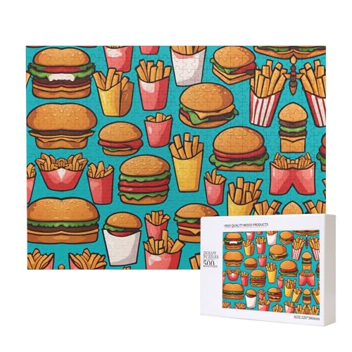 Phayah Cartoon Burger Pommes Puzzles 500 Teile für Puzzle Holzpuzzle für Familie Freund Heimdekoration Wandkunst 20,4 x 38,1 cm von PHAYAH