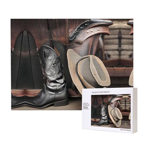 Phayah Cowboy-Holzpuzzle mit schwarzem Hut, Westernstiefel, 500 Teile für Puzzle, Holzpuzzle für Familie, Freunde, Heimdekoration, Wandkunst, 20,4 x 38,1 cm von PHAYAH