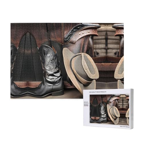 Phayah Cowboy-Puzzle mit schwarzem Hut, Westernstiefel, Puzzle für Erwachsene, 1000 Teile, Heimdekoration, Geburtstagsparty für Männer und Frauen, 29,5 x 50 cm von PHAYAH
