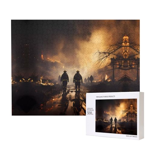 Phayah Feuerwehrleute bekämpfende Feuer, Puzzle, 500 Teile, Holzpuzzle für Familie, Freunde, Heimdekoration, Wandkunst, 20,4 x 38,1 cm von PHAYAH