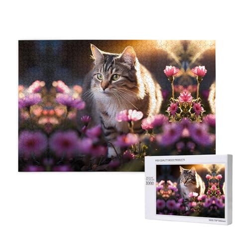 Phayah Flower Cat2 Puzzles 1000 Teile für Puzzle, Holzpuzzle für Familie, Freunde, Heimdekoration, Wandkunst, 75 x 50 cm von PHAYAH