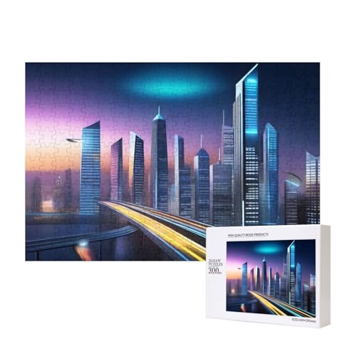 Phayah Future City Nachtszene Muster Puzzle Einzigartiges Puzzle Wandkunst Bild für Heimdekoration 300 Stück von PHAYAH