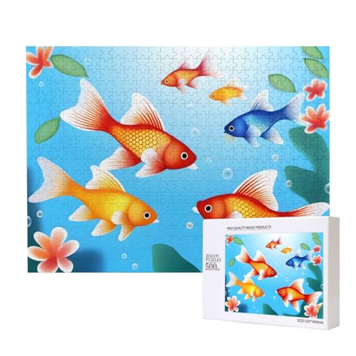 Phayah Goldene Fisch-Puzzle, 500 Teile, Holzpuzzle für Familie, Freunde, Heimdekoration, Wandkunst, 20,4 x 38,1 cm von PHAYAH