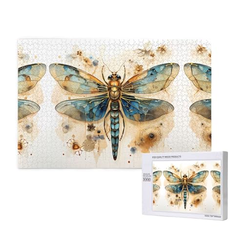 Phayah Goldene zarte Libelle auf gelbem Hintergrund, Puzzle für Erwachsene, 1000 Teile, Heimdekoration, Geburtstagsparty für Männer und Frauen, 75 x 50 cm von PHAYAH