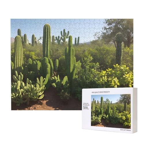 Phayah Grüner Kaktus-Puzzle, 500 Teile für Puzzle, Holzpuzzle für Familie, Freunde, Heimdekoration, Wandkunst, 20,4 x 38,1 cm von PHAYAH