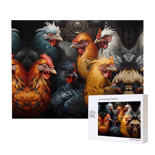 Phayah Holzpuzzle mit Hahnmotiv in vielen Farben, 500 Teile, Holzpuzzle für Familie, Freunde, Heimdekoration, Wandkunst, 20,4 x 38,1 cm von PHAYAH