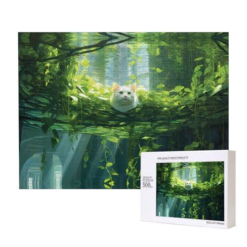 Phayah Katze auf grünem Muster, Puzzle, einzigartiges Puzzle, Wandkunst-Bild für Heimdekoration, 500 Stück von PHAYAH