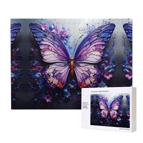 Phayah Lila Schmetterlings-Blumen-Puzzle, 500 Teile, Holzpuzzle für Familie, Freunde, Heimdekoration, Wandkunst, 20,4 x 38,1 cm von PHAYAH