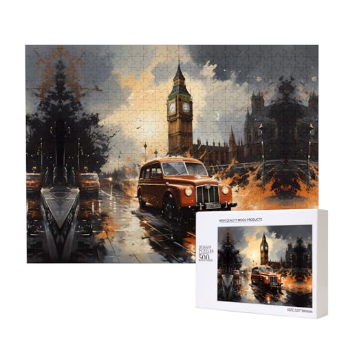 Phayah London Farbtaxi-Puzzle, 500 Teile, Holzpuzzle für Familie, Freunde, Heimdekoration, Wandkunst, 20,4 x 38,1 cm von PHAYAH
