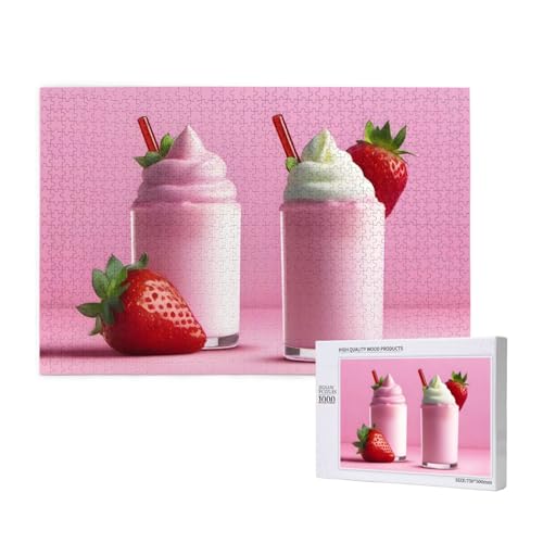 Phayah Niedliches Erdbeer-Milchshake-Puzzle, 1000 Teile, für Puzzle, Holzpuzzle für Familie, Freunde, Heimdekoration, Wandkunst, 75 x 50 cm von PHAYAH