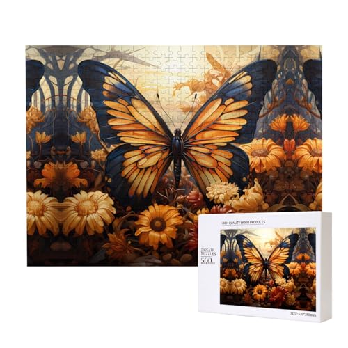 Phayah Orange-gelbe Schmetterlings-Blumen-Puzzle, 500 Teile, für Puzzle, Holzpuzzle für Familie, Freunde, Heimdekoration, Wandkunst, 20,4 x 38,1 cm von PHAYAH