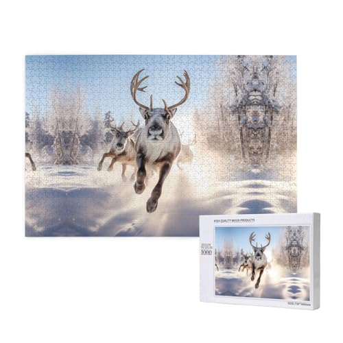Phayah Puzzle mit laufendem Rentier, 1000 Teile, Holzpuzzle für Familie, Freunde, Heimdekoration, Wandkunst, 75 x 50 cm Phayah Puzzle mit laufendem Rentier, 1000 Teile, Holzpuzzle für Familie, Freunde, Heimdekoration, Wandkunst, 75 x 50 cm von PHAYAH