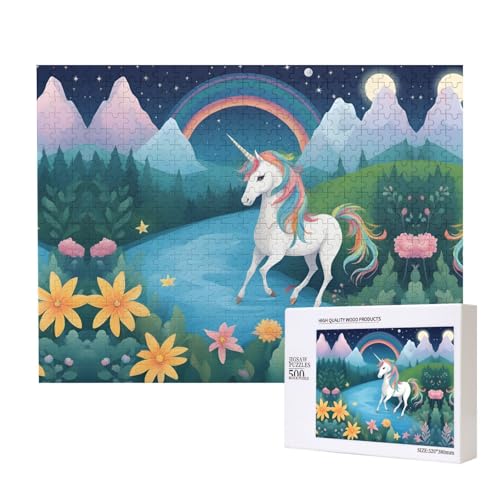 Phayah Puzzle mit laufenden Einhörnern, 500 Teile, Holzpuzzle für Familie, Freunde, Heimdekoration, Wandkunst, 20,4 x 38,1 cm von PHAYAH