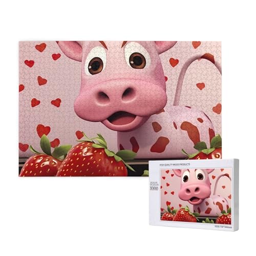 Phayah Rosa Kuh mit Erdbeeren, Puzzle, 1000 Teile, für Puzzle, Holzpuzzle für Familie, Freunde, Heimdekoration, Wandkunst, 29,5 x 50 cm Phayah Rosa Kuh mit Erdbeeren, Puzzle, 1000 Teile, für Puzzle, Holzpuzzle für Familie, Freunde, Heimdekoration, Wandkunst, 29,5 x 50 cm von PHAYAH