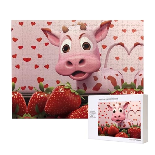 Phayah Rosa Kuh mit Erdbeeren, Puzzle, 500 Teile, Holzpuzzle für Familie, Freunde, Heimdekoration, Wandkunst, 20,4 x 38,1 cm von PHAYAH