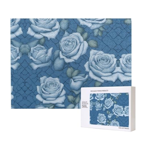Phayah Schöne Rosen auf blauem Hintergrund, Puzzle, Holzpuzzle für Familie, Freunde, Heimdekoration, Wandkunst, 20,4 x 38,1 cm, 500 Teile von PHAYAH