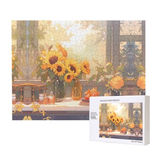 Phayah Sonnenblumen unter der Fensterbank, Puzzle, Holzpuzzle für Familie, Freunde, Heimdekoration, Wandkunst, 20,4 x 38,1 cm, 500 Teile von PHAYAH