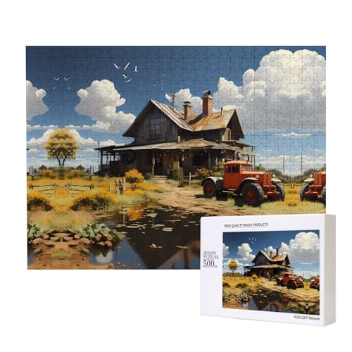 Phayah Texas Bauernhof-Traktor-Puzzle, 500 Teile, Holzpuzzle für Familie, Freunde, Heimdekoration, Wandkunst, 20,4 x 38,1 cm von PHAYAH