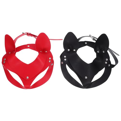 PHENOFICE 2 Stück Damen Kunstleder Katzenmaske Kostüm Hase Fuchs Masken, Tier Halbgesichtsmaske Cosplay Halloween Party Frauen Damen Schwarz Rot von PHENOFICE