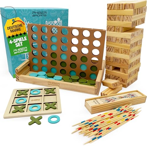 PHIBER-SPORTS 4-in-1 Holz Spielesammlung: Wackelturm, Vier-in-Einer-Reihe, Tic Tac Toe & Mikado Kinder & Erwachsene - Robust, Langlebig & Plastikfrei - Holzturm 4 Spiel PHIBER-SPORTS 4-in-1 Holz Spielesammlung: Wackelturm, Vier-in-Einer-Reihe, Tic Tac Toe & Mikado Kinder & Erwachsene - Robust, Langlebig & Plastikfrei - Holzturm 4 Spiel von PHIBER-SPORTS