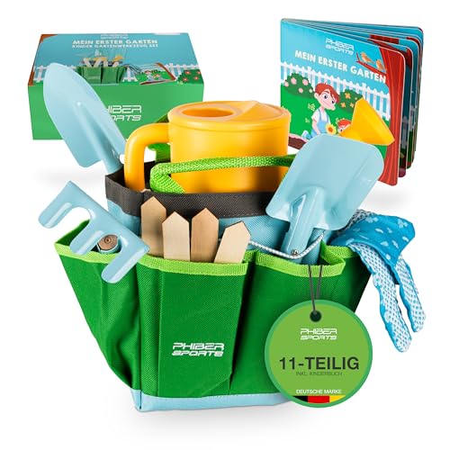 PHIBER-SPORTS Kinder Gartenwerkzeug Set (11 Teile) mit Kindergartenbuch - Gartengeräte für Kinder ab 3 Jahre, auch für Sand und Strand - Garten Werkzeug aus Metall, Gießkanne, Gartenhandschuhe, Tasche von PHIBER-SPORTS