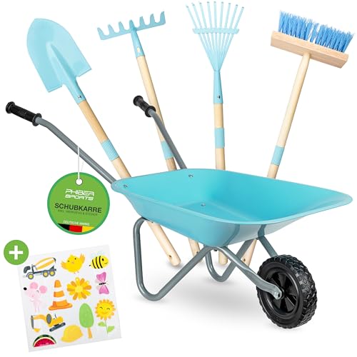 PHIBER-SPORTS Schubkarre Kinder + Gartenwerkzeug Kinder aus Metall - Kinderschubkarre mit Gartenwerkzeug: Schaufel, Kinderbesen, Kinderrechen, Laubrechen + Wetterfeste Sticker - Für Garten & Strand von PHIBER-SPORTS