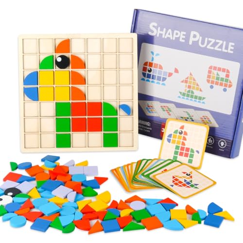 Tangram Kinderpuzzle, Mosaik Holzpuzzle, Montessori Puzzle, mit 130 geometrischen Formen und 20 doppelseitigen Motivkarten, Puzzlespielzeug für Jungen und Mädchen ab DREI Jahren Tangram Kinderpuzzle, Mosaik Holzpuzzle, Montessori Puzzle, mit 130 geometrischen Formen und 20 doppelseitigen Motivkarten, Puzzlespielzeug für Jungen und Mädchen ab DREI Jahren von PHIEZC