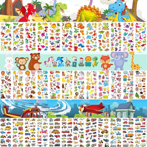 PHOGARY 36 Blätter (550+) Aufkleber für Kinder & Kleinkinder, 3D Dinosaurier Tiere Autos Sticker für Mädchen Junge Weihnachten Kindertag Geschenke Geburtstagsgeschenk von PHOGARY