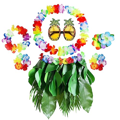 PHOGARY 7 Stücke Blätterrock Hula Set,Blattsatz Kostüm Damen mit Hawaii Rock Hawaii Kette Blumen Haarblume Ananas-Sonnenbrille für Sommerfasching Hawaii Party Deko von PHOGARY