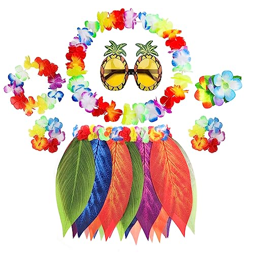 PHOGARY 7 Stücke Blätterrock Hula Set,Hawaii Blattsatz Kostüme Damen mit Hawaii Rock Hawaii Kette Blumen Haarblume Ananas-Sonnenbrille für Sommerfasching Hawaii Party Deko von PHOGARY