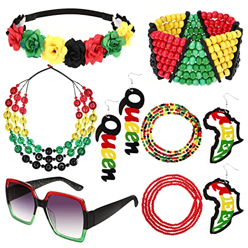 PHOGARY 8 Stück jamaikanischer afrikanischer Schmuck für Frauen, jamaikanische afrikanische Kostüme, inklusive Rasta-Perlenarmband, Holz, baumelnde afrikanische Ohrringe, Halskette, PHOGARY 8 Stück jamaikanischer afrikanischer Schmuck für Frauen, jamaikanische afrikanische Kostüme, inklusive Rasta-Perlenarmband, Holz, baumelnde afrikanische Ohrringe, Halskette, von PHOGARY