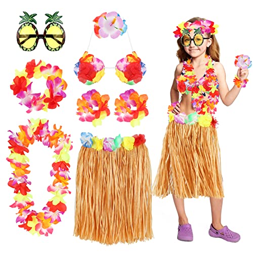 PHOGARY 8 Stücke Hawaii Kostüme Set, Hawaii Outfit Mädchen Hula Kostüm Hawaiian Leis Grasblatt Set mit Hula Rock, Blumenkette, Blume-Armbänder, Haarblume für Beachparty Deko Kinder von PHOGARY
