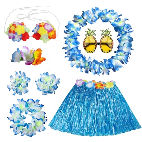 PHOGARY 8 Stücke Hawaii Kostüme Set, Hawaii Outfit Mädchen Hula Kostüm Hawaiian Leis Grasblatt Set mit Hula Rock, Blumenkette, Blume-Armbänder, Haarblume für Beachparty Deko Kinder, Blau PHOGARY 8 Stücke Hawaii Kostüme Set, Hawaii Outfit Mädchen Hula Kostüm Hawaiian Leis Grasblatt Set mit Hula Rock, Blumenkette, Blume-Armbänder, Haarblume für Beachparty Deko Kinder, Blau von PHOGARY