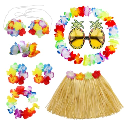 PHOGARY 8 Stücke Hawaii Kostüme Set, Hawaii Outfit Mädchen Hula Kostüm Hawaiian Leis Grasblatt Set mit Hula Rock, Blumenkette, Blume-Armbänder, Haarblume für Beachparty Deko Kinder, Gelb PHOGARY 8 Stücke Hawaii Kostüme Set, Hawaii Outfit Mädchen Hula Kostüm Hawaiian Leis Grasblatt Set mit Hula Rock, Blumenkette, Blume-Armbänder, Haarblume für Beachparty Deko Kinder, Gelb von PHOGARY
