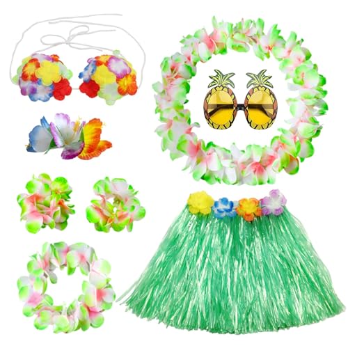 PHOGARY 8 Stücke Hawaii Kostüme Set, Hawaii Outfit Mädchen Hula Kostüm Hawaiian Leis Grasblatt Set mit Hula Rock, Blumenkette, Blume-Armbänder, Haarblume für Beachparty Deko Kinder, Grün PHOGARY 8 Stücke Hawaii Kostüme Set, Hawaii Outfit Mädchen Hula Kostüm Hawaiian Leis Grasblatt Set mit Hula Rock, Blumenkette, Blume-Armbänder, Haarblume für Beachparty Deko Kinder, Grün von PHOGARY
