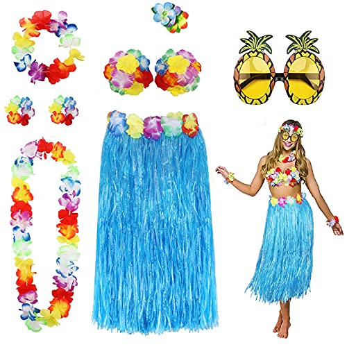 PHOGARY 8 Teilig Hawaii Mottoparty Kostüme Set, Hula Rock (Blau), Blumenkette, Blume-Armbänder, Blumen-BH, Haarblume, Ananas-Sonnenbrille für Tikiparty Beachparty Deko von PHOGARY