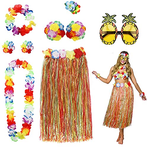 PHOGARY 8 Teilig Hawaii Mottoparty Kostüme Set, Hula Rock (Bunt), Blumenkette, Blume-Armbänder, Blumen-BH, Haarblume, Ananas-Sonnenbrille für Tikiparty Beachparty Deko von PHOGARY