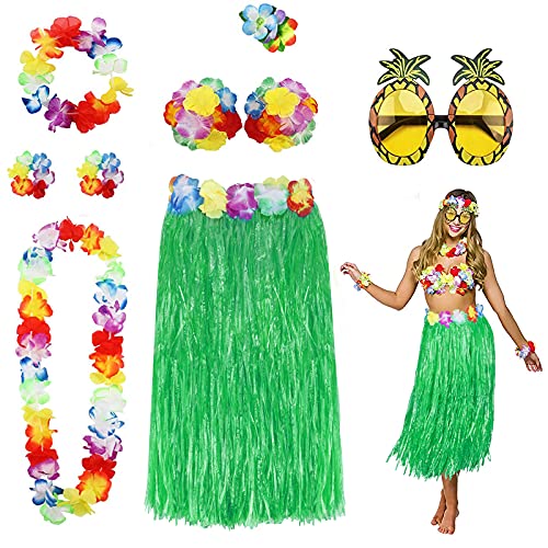 PHOGARY 8 Teilig Hawaii Mottoparty Kostüme Set, Hula Rock (Grün), Blumenkette, Blume-Armbänder, Blumen-BH, Haarblume, Ananas-Sonnenbrille für Tikiparty Beachparty Deko von PHOGARY