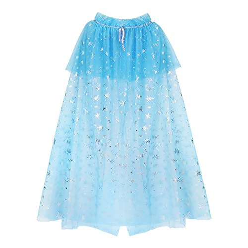 PHOGARY Kinder Umhang Prinzessin Blau Cape Schneeflocken Sterne, Tüll Umhang Glitzer Pailletten Cape Prinzessin Halloween Kostüm Umhang Party Outfits Cosplay Geschenk zum Kindertag für Mädchen (105cm) von PHOGARY