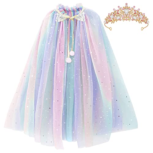 PHOGARY Kinder Umhang Prinzessin Bunt Cape mit Prinzessin Crown Tiara, Tüll Umhang Glitzer Pailletten Cape Prinzessin Halloween Kostüm Umhang Prinzessin Cosplay Party Outfits Geschenk für Mädchen von PHOGARY