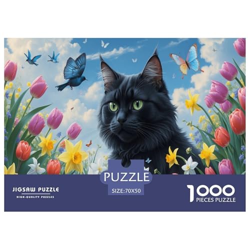 Black Katze in Spring Garden 1000 Teile Puzzle Für Die Ganze Familie interessant Erwachsenenpuzzle Clevere Rätsel Geschenk 70x50cm/1000pcs von PHQAZWSXE