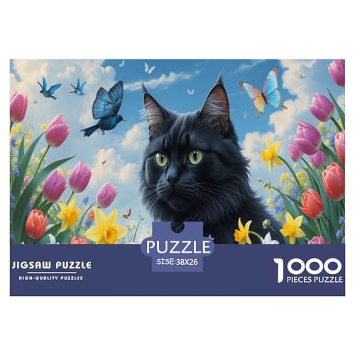 Black Katze in Spring Garden 1000 Teile Puzzle Für Erwachsene interessant Erwachsenenpuzzle Clevere Rätsel Geschenk 38x26cm/1000pcs von PHQAZWSXE