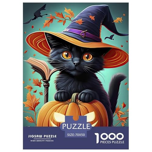 Halloween Black Katze 1000 Teile Puzzle Für Erwachsene interessant Impossible Puzzle Clevere Rätsel Weihnachtspuzzle 70x50cm/1000pcs von PHQAZWSXE