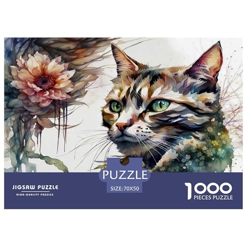 Katze and Blumen Puzzle 1000 Teile Für Die Ganze Familie persönlich Erwachsenenpuzzle Geschicklichkeitsspiel Geschenk 70x50cm/1000pcs von PHQAZWSXE