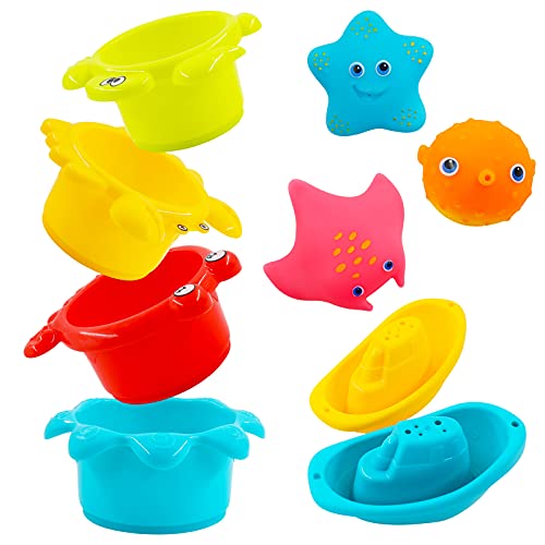 PHYLES Badewannenspielzeug, 9 Stücke Buntes Badespielzeug Baby Wasserspielzeug mit Badeboot und stapelbecher, geeignet für Kinder Badespielzeug ab 6 Monaten von PHYLES
