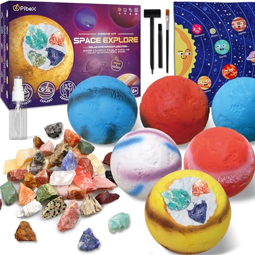 Edelstein-Grab-Set, 6-in-1 Planeten, Ausgrabungs-Set, graben Sie 30 echte Steine, Mineralien und Kristalle aus, Sonnensystem-Erkundungs-Set, STEM-Projekt-Spielzeug, Geschenk für Jungen und Mädchen, von PIBEX