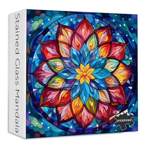 PICKFORU Buntglas-Mandala-Puzzle für Erwachsene, 1000 Teile, buntes Mandala-Blumen-Puzzle, Kunst, unmöglich, hart, schwierig, herausfordernd, Puzzles für Erwachsene von PICKFORU