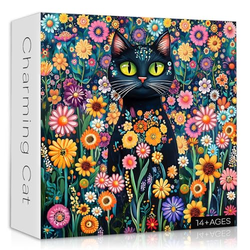 Katzenpuzzle für Erwachsene 1000 Teile, Schwarze Katze Puzzle mit Blumen und Pflanzen, Garten Kätzchen Tier Puzzle, Herausfordernde Kitty Puzzle für Erwachsene von PICKFORU