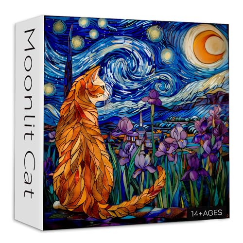 Katzenpuzzles für Erwachsene 1000 Teile, PICKFORU Buntglas-Puzzles Merkmal Lila-Iris-Blumen, Sternennacht, Mondschein-Katzen-Blumen-Puzzle für Katzenliebhaber Katzenpuzzles für Erwachsene 1000 Teile, PICKFORU Buntglas-Puzzles Merkmal Lila-Iris-Blumen, Sternennacht, Mondschein-Katzen-Blumen-Puzzle für Katzenliebhaber von PICKFORU