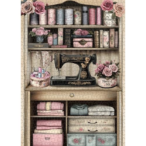 Nähmaschinenpuzzle für Erwachsene, PICKFORU Vintage Nähzimmer Blumenpuzzle Buch Blumen Retro-Puzzle 1000 Teile Herausforderung von PICKFORU